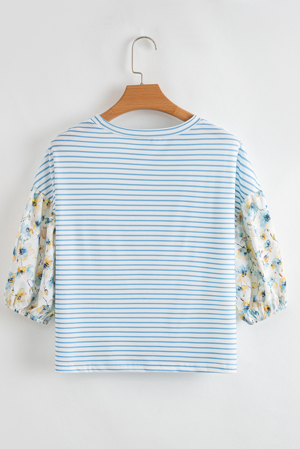 Stripe Floral 3/4 Puff Sleeve Top