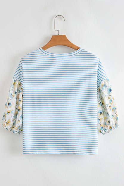 Stripe Floral 3/4 Puff Sleeve Top
