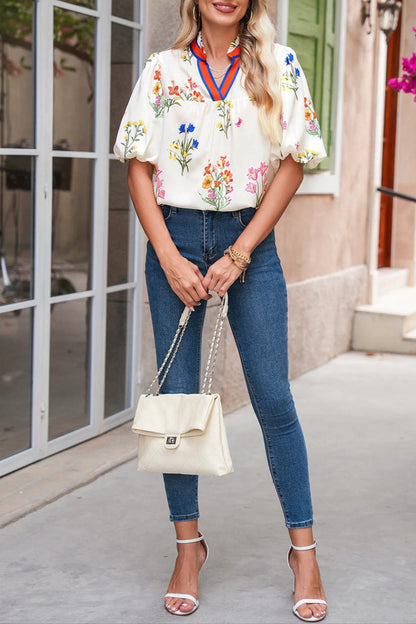 Floral Contrast Puff Sleeve Blouse