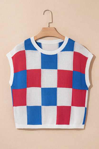 Colorblock Checker Cap Sleeve Sweater