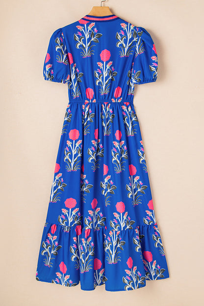 Floral Puff Sleeve V-Neck Midi Dress
