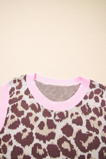 Leopard Ribbed Trim Sleeveless Sweater