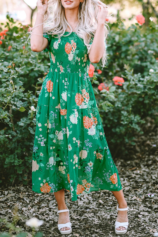 Floral Smocked Tiered Midi Dress