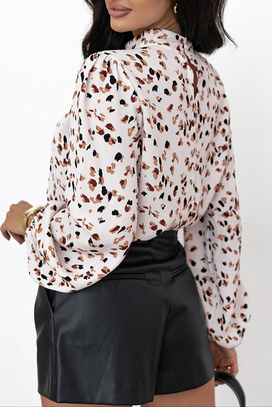 Leopard Pleated Lantern Sleeve Blouse