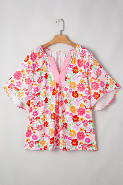 Plus Size Floral Wide Short Sleeve Blouse