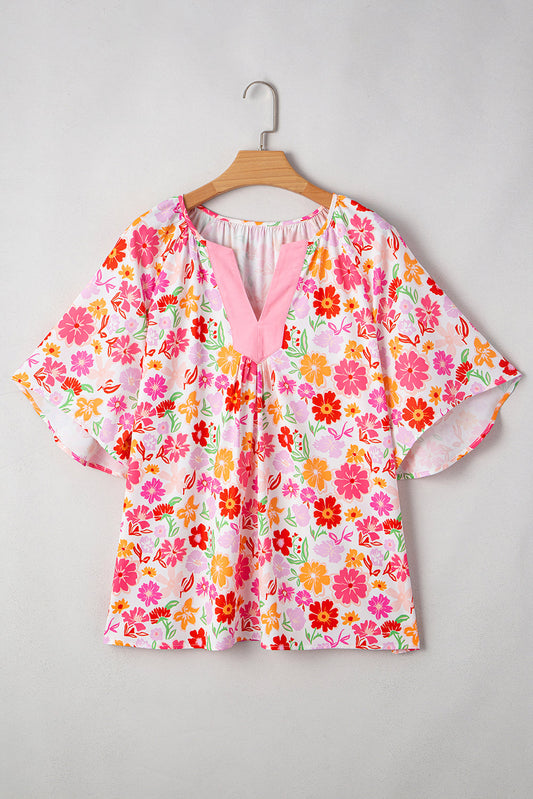 Plus Size Floral Wide Short Sleeve Blouse