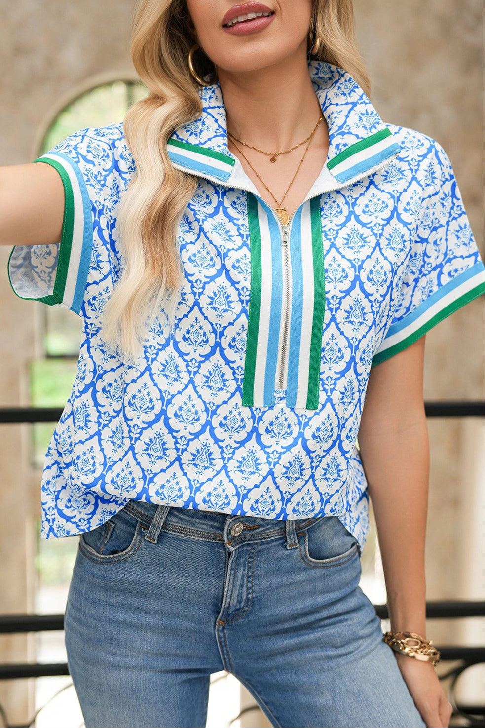 Western Half Zip Collared Blouse