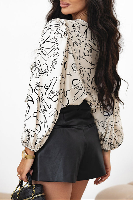 Abstract Balloon Sleeve Blouse
