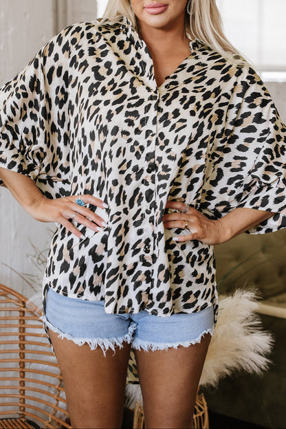 Leopard 3/4 Sleeve Buttoned Shirt