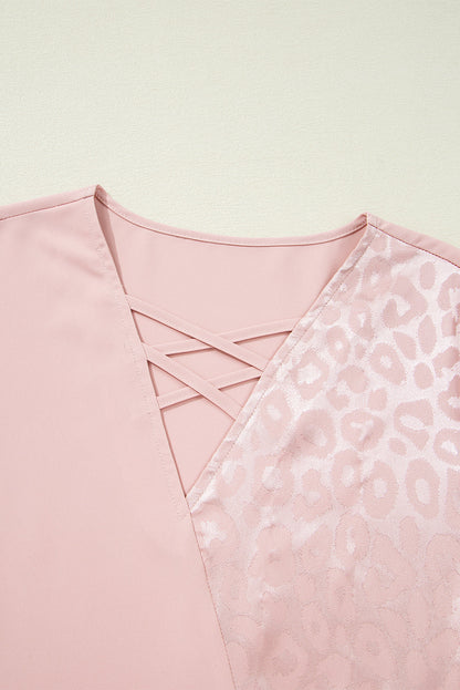 Leopard Patchwork Crisscross V-Neck Blouse