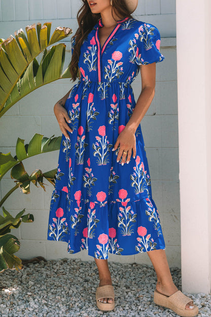 Floral Puff Sleeve V-Neck Midi Dress