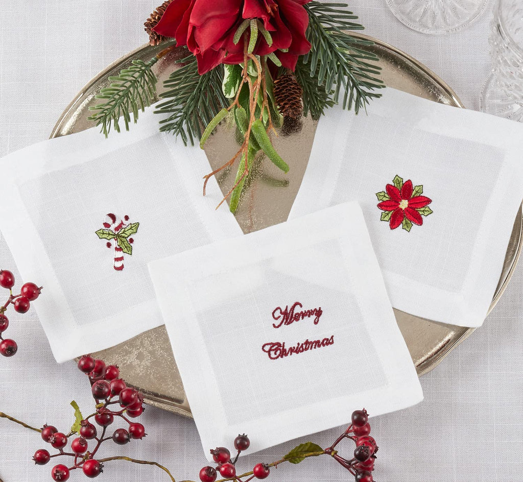 Embroidered Christmas Cocktail Napkins — Set of 4