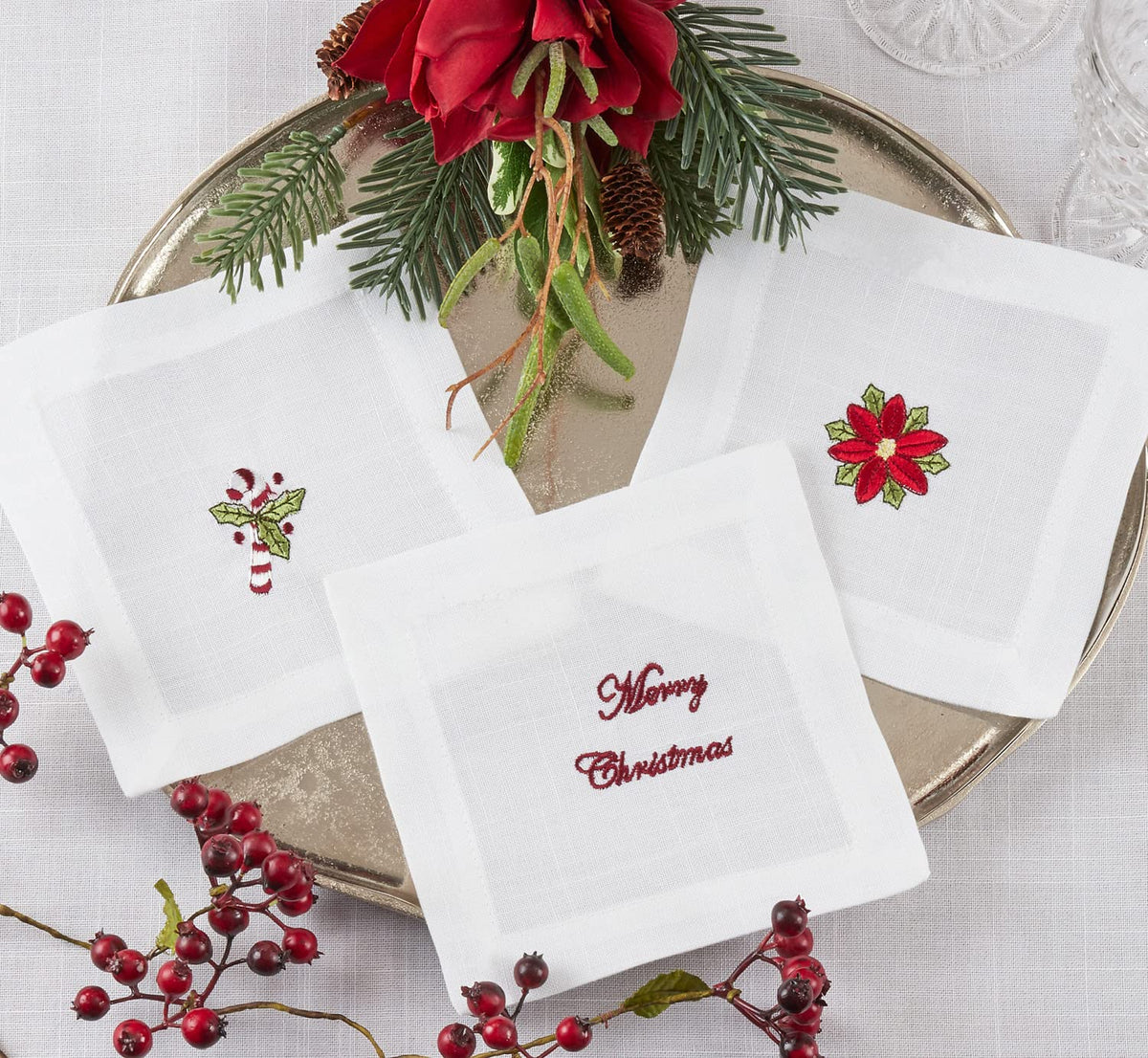 Embroidered Christmas Cocktail Napkins — Set of 4