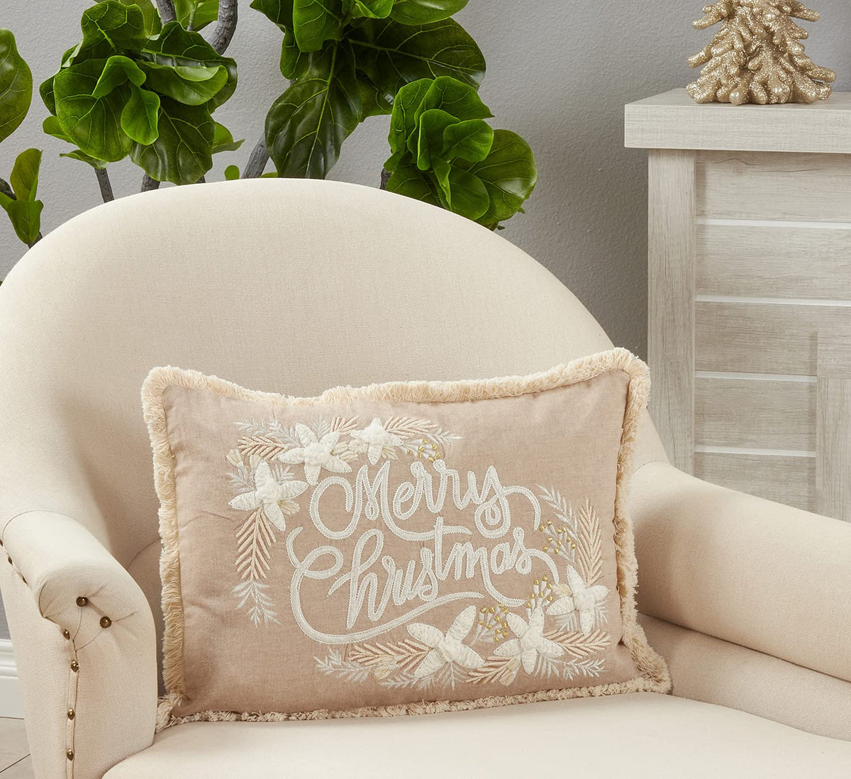 Merry Christmas Fringe Throw Pillow — 14 × 20 in