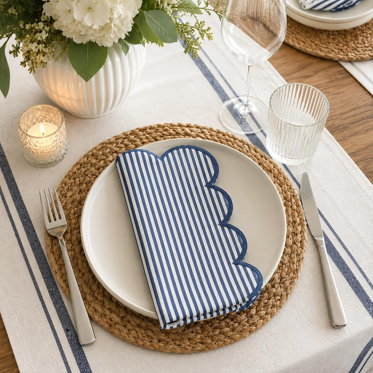 Natural Scalloped Stripe Cloth Napkins