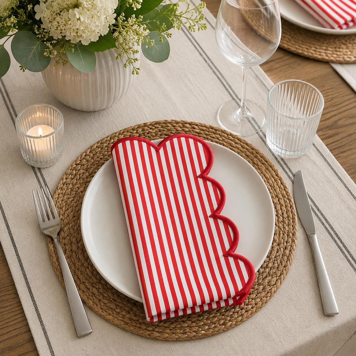 Natural Scalloped Stripe Cloth Napkins