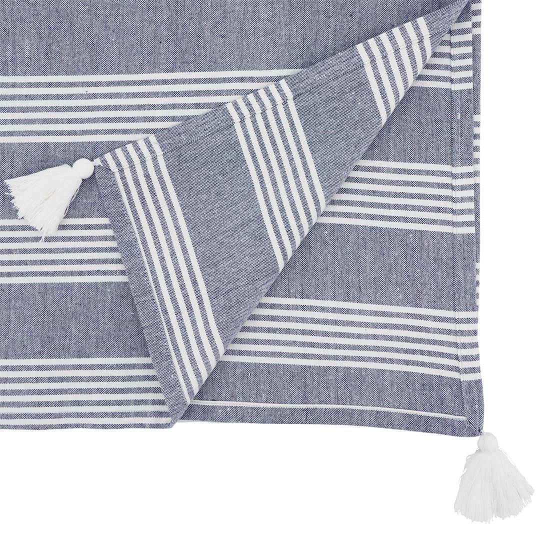 Blue Striped Tassel Table Runner — 16 × 72 in