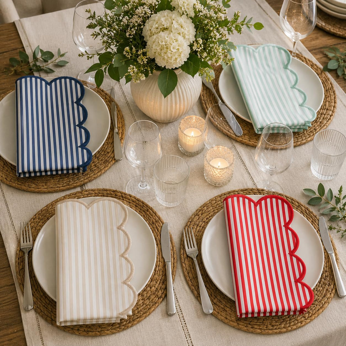 Natural Scalloped Stripe Cloth Napkins
