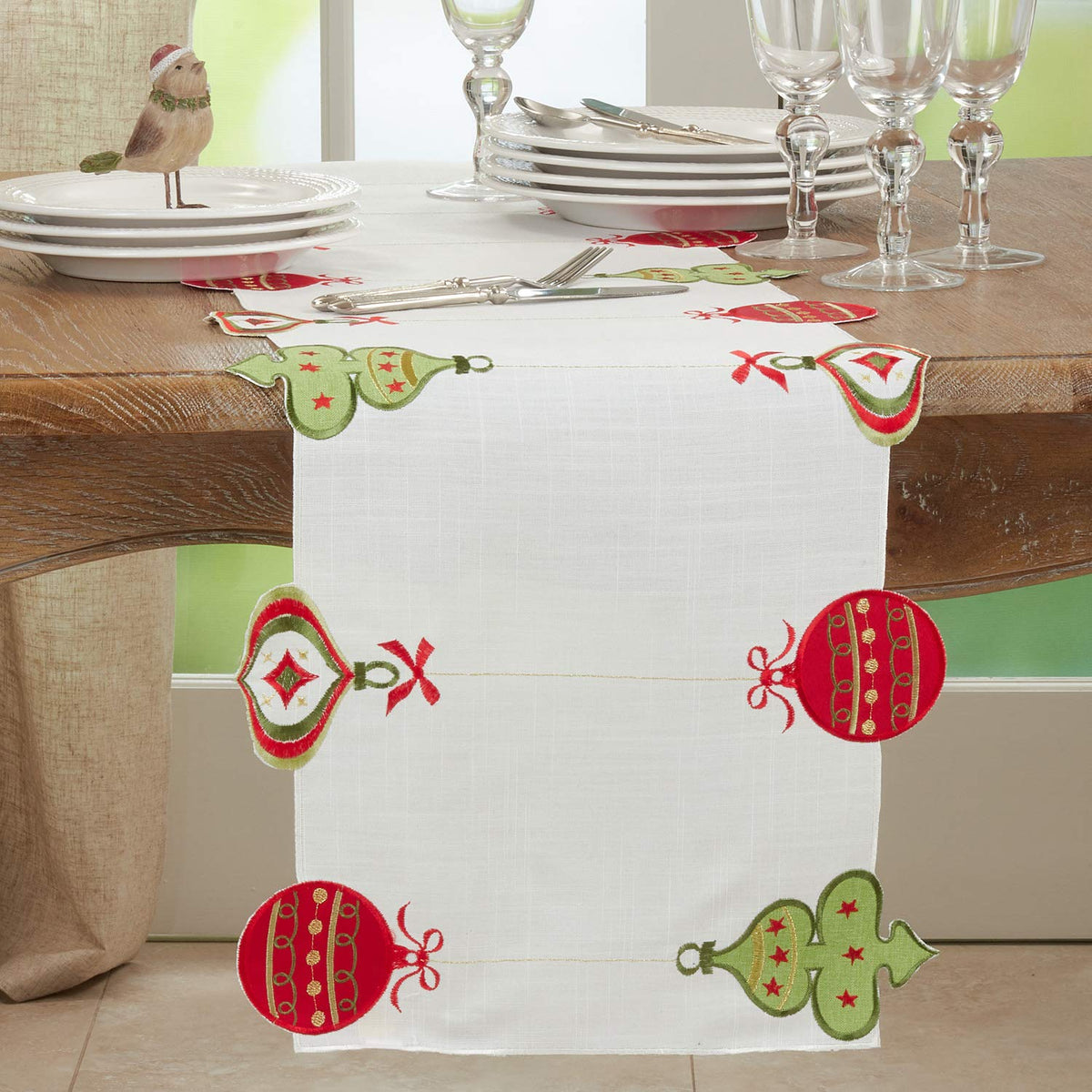 Embroidered Holiday Ornaments Table Runner — 16 × 72 in