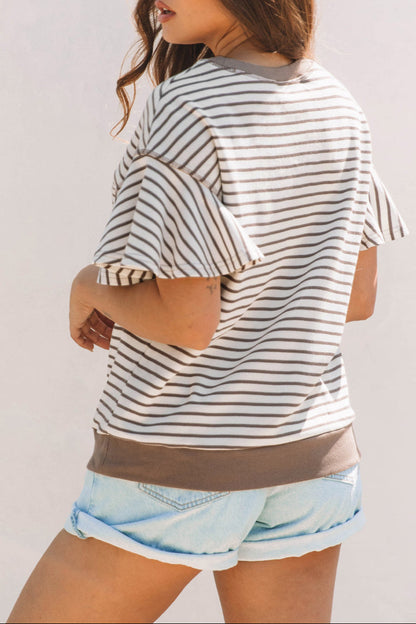Stripe Contrast Trim Ruffle Sleeve Top