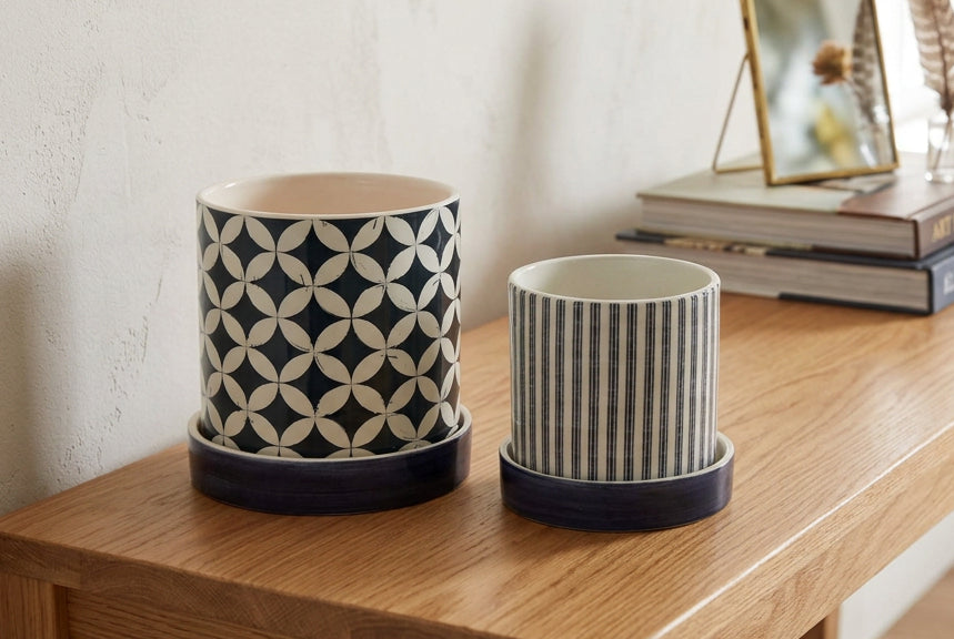 Geometric Pattern Planter with Plate (Set of 2)