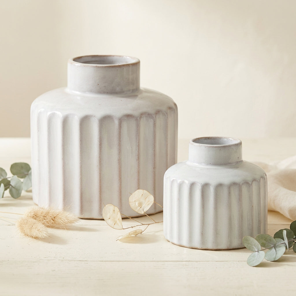 Ribbed Porcelain Vase with Washed Finish (Set of 2)