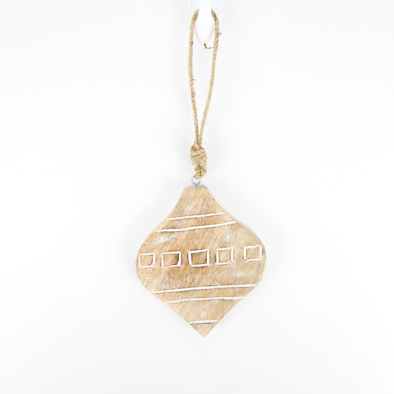 4.5" X 5" X .5" Mango Wood Ornament (Teardrop) Natural/white