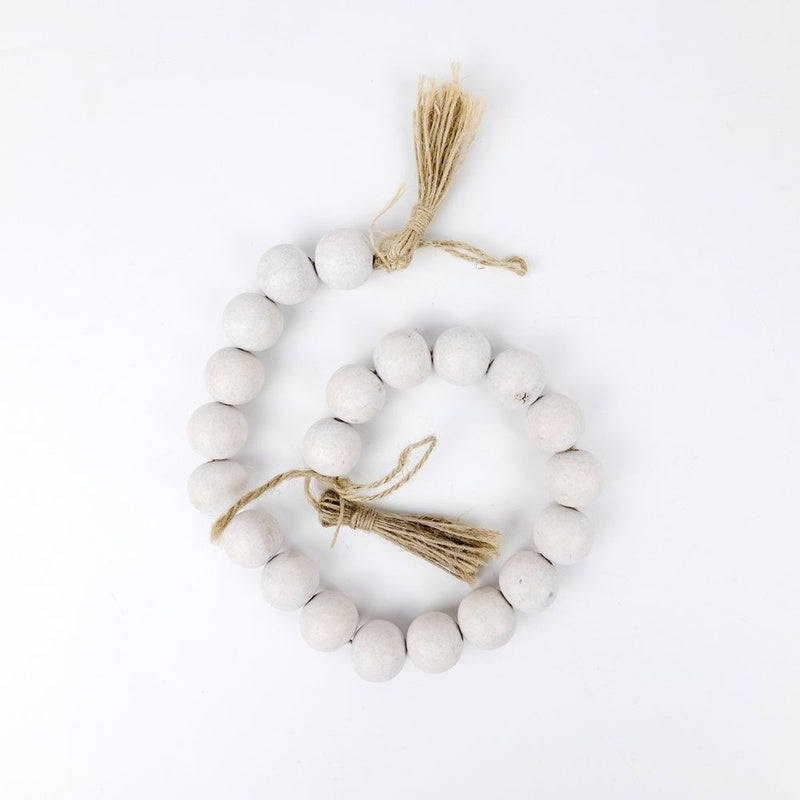 24" X 1" Bamboo Wood Bead Garland With Tassels, White