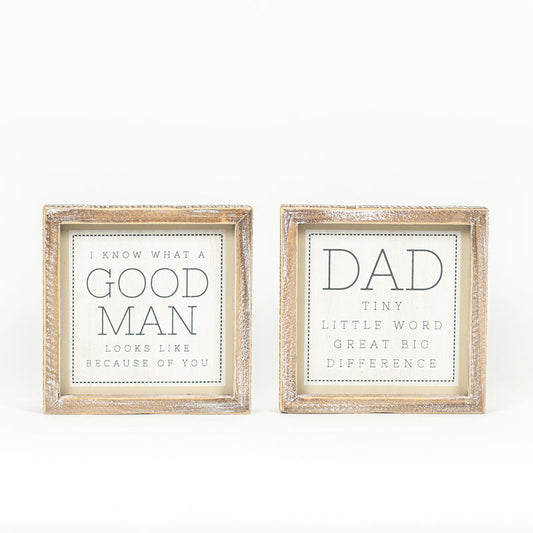 7" X 7" X 1.5" Reversible Wood Framed Sign (Good Man/Dad) White/Gray/Tan