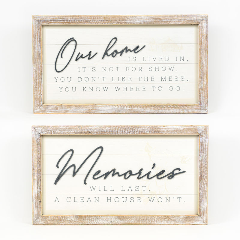 25" X 14" X 2" Reversible Wood Framed Sign (Memories/Our Home) White/Gray/Tan