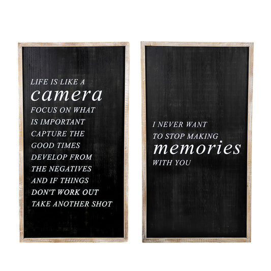 20" X 37" X 1.5" Reversible Wood Framed Sign (Camera/Memories) Black/white