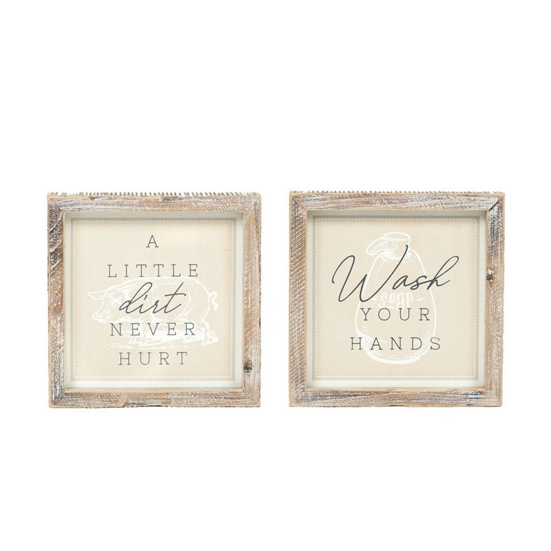 7" x 7" x 1.5" Reversible Wood Framed Sign (A Little Dirt Never Hurt, Wash Your Hands) White/Grey/Tan