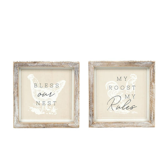 7" x 7" x 1.5" Reversible Wood Framed Sign (Bless Our Nest/My Roost, My Rules) White/Grey/Tan