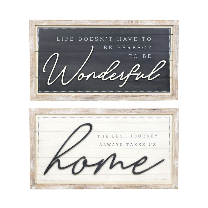 37" X 20" X 2" Reversible Wood Framed Sign (Home/Wonderful) White/Gray/Tan