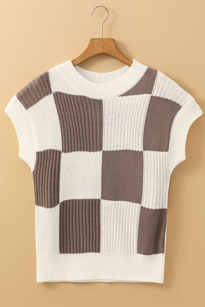 Colorblock Checker Short Sleeve Sweater