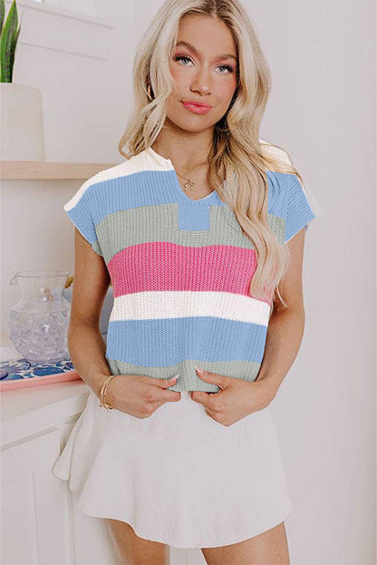 Colorblock Notched V-Neck Sweater T-Shirt