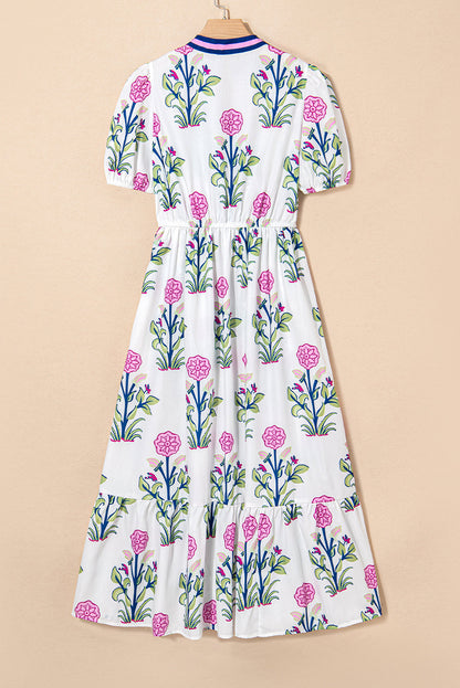 Floral Puff Sleeve V-Neck Midi Dress