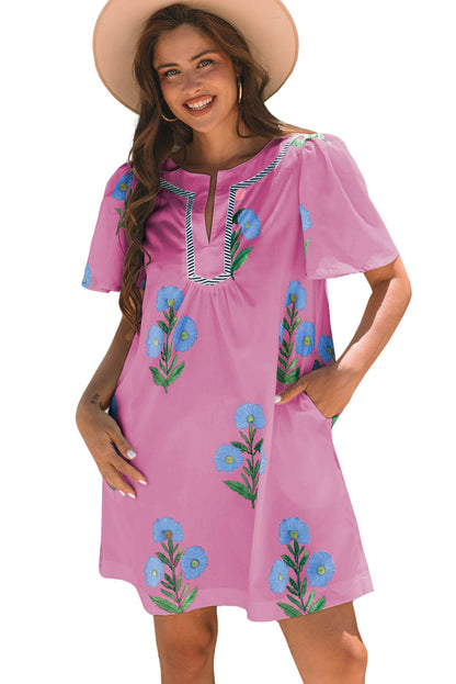 Floral Split Neck Mini Dress