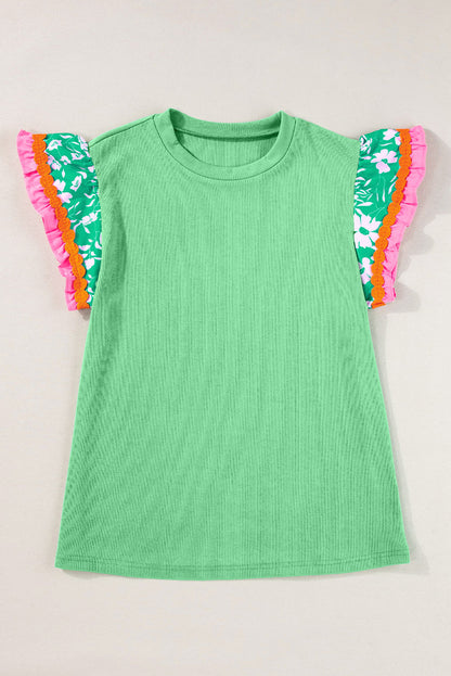 Floral Ric-Rac Contrast Short Sleeve Top