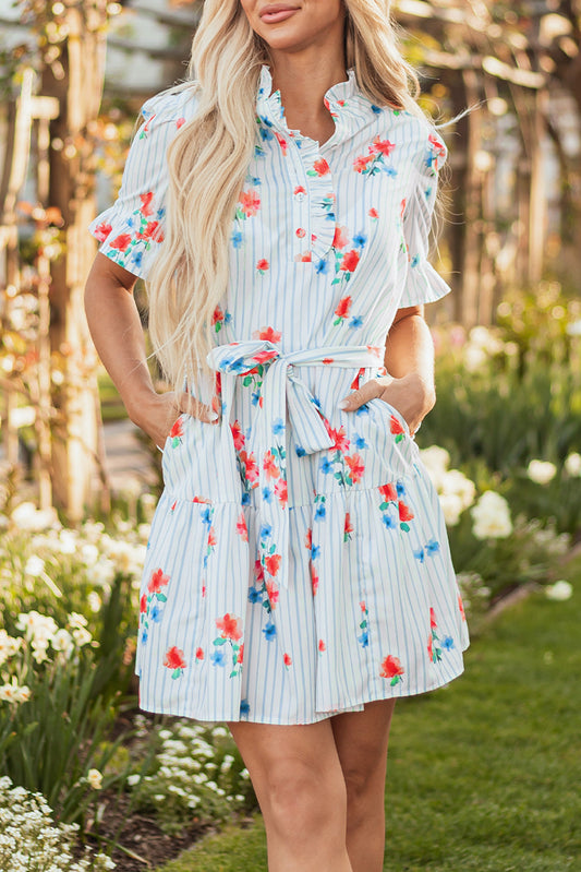 Stripe Floral Belted Mini Dress