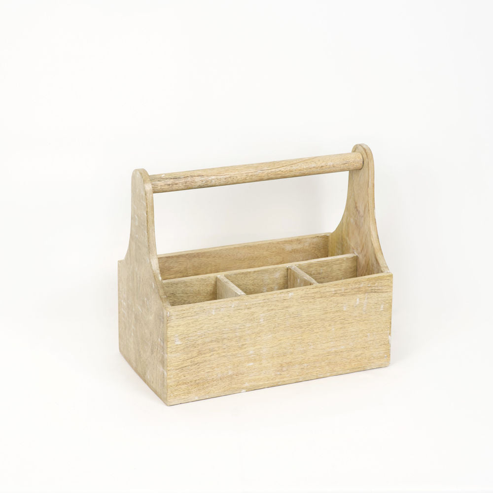 13.75x12x8 Mango Wood caddy with hndl, natural/white