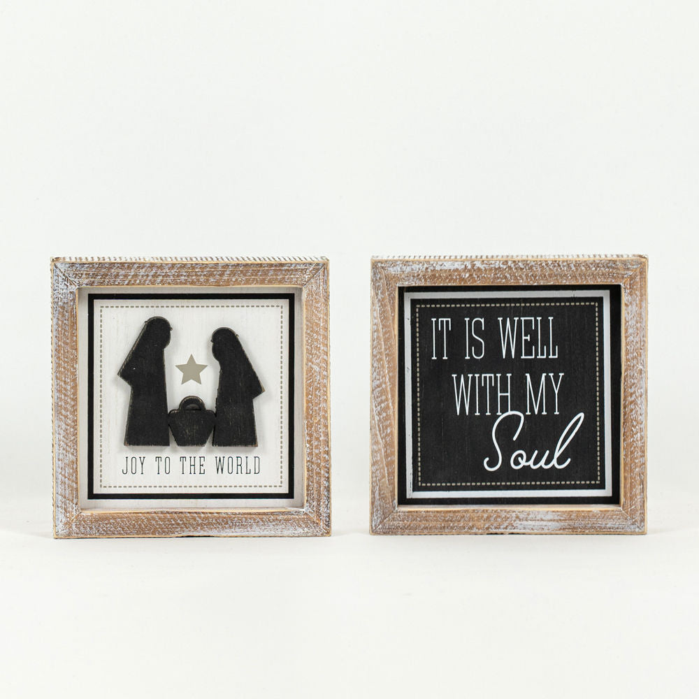 6" X 6" X 1.5" Reversible Wood Framed Sign (Joy/Soul) Black/white/Gray