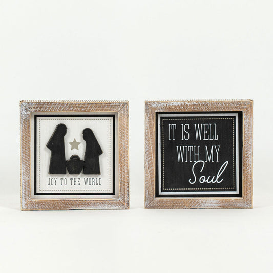 6" X 6" X 1.5" Reversible Wood Framed Sign (Joy/Soul) Black/white/Gray