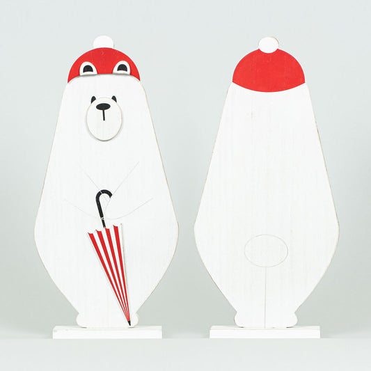 8.25" X 17" X 1" Wood Cutout On Base (Polar Bear) White/Red/Black