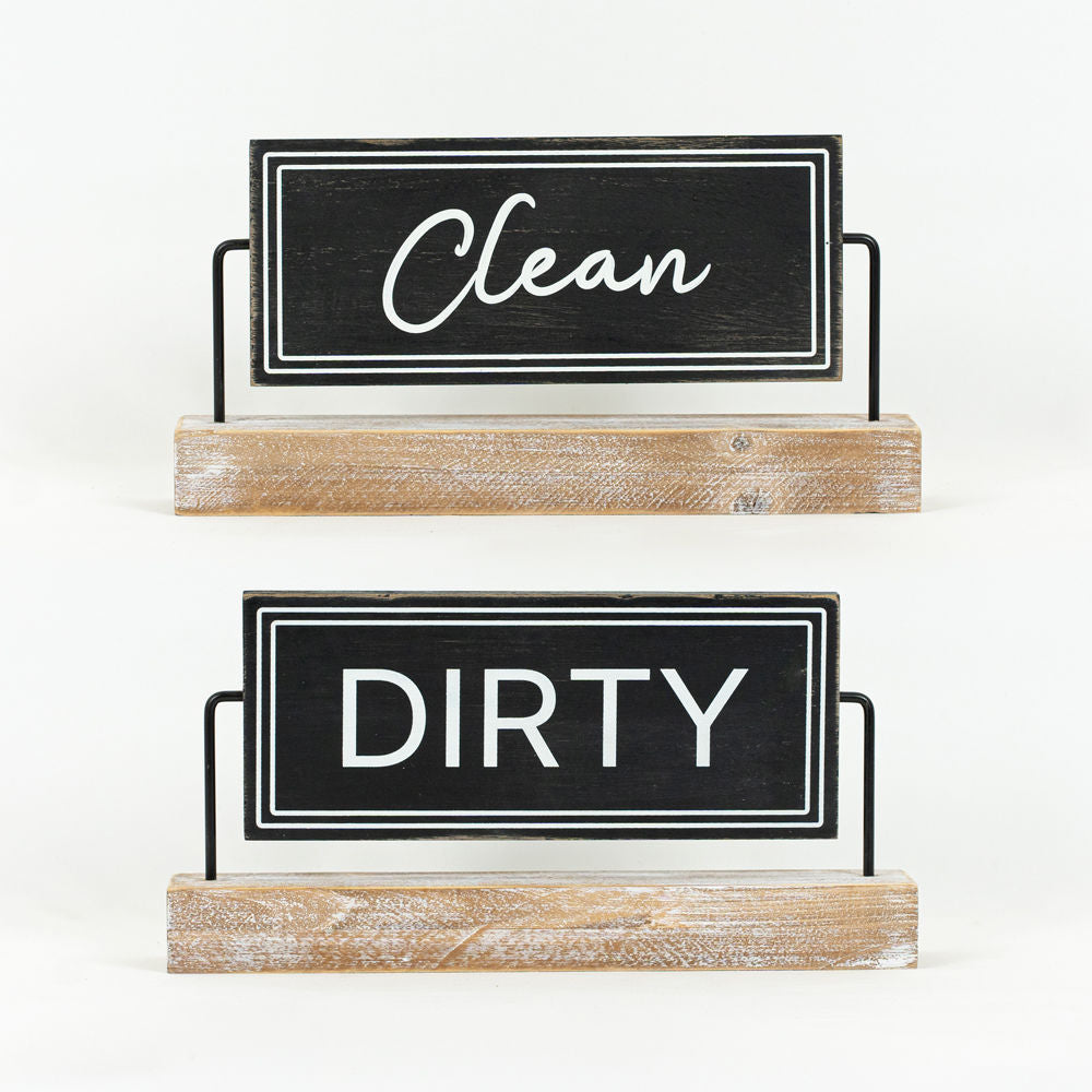 12" X 5.75" 2.25" Reversible Wood Sign on Stand (Dirty/Clean) Black/white