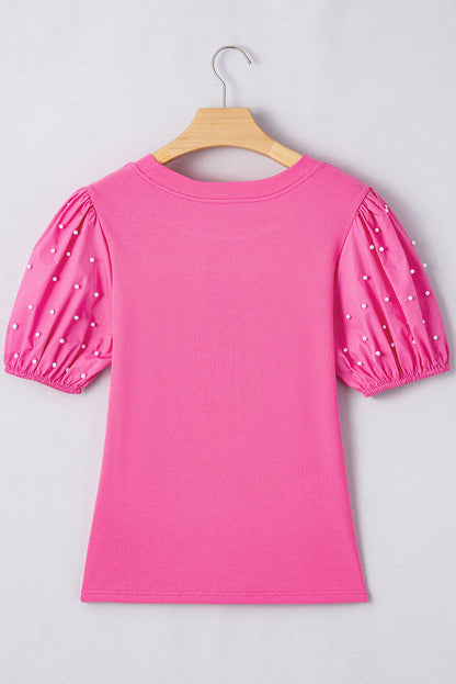 Pearl Beaded Ribbed Puff Sleeve Top