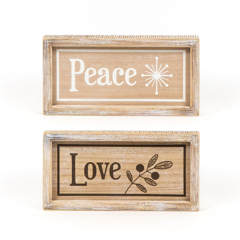 10.25" X 5" X 1.5" Reversible Wood Framed Sign (Peace/Love) Natural/white/Black