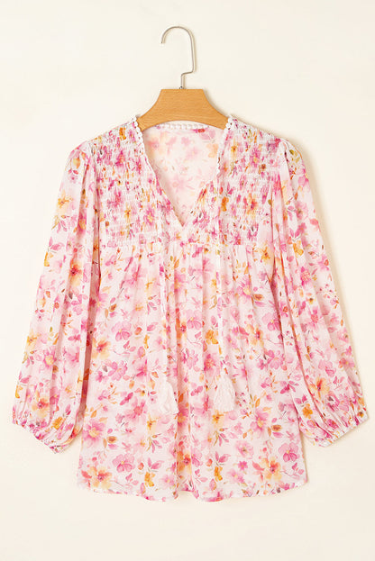Floral Tassel Tie Smocked Blouse