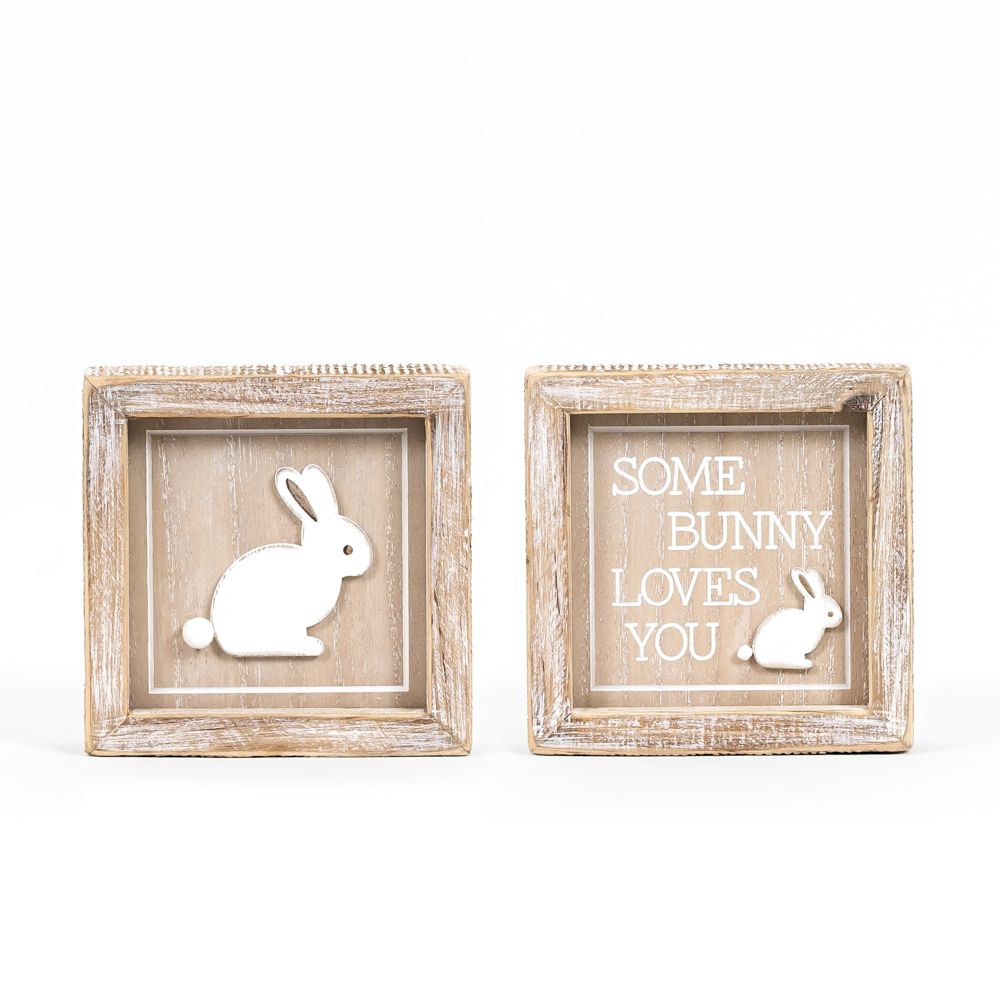 5"x5"x1.5" Reversible Wood Framed Sign (BUNNY/LOVES) Natural, White