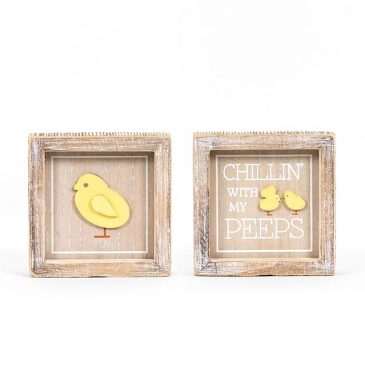 5"x5"x1.5" Reversible Wood Framed Sign (CHICK/PEEPS) Natural, White, Yellow